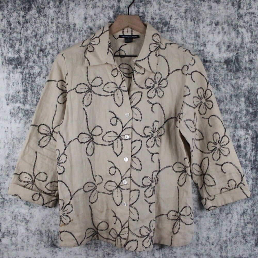 Saint Tropez West Womens L Linen Embroidered Button Down Shirt 3/4 Sleeve *Flaw